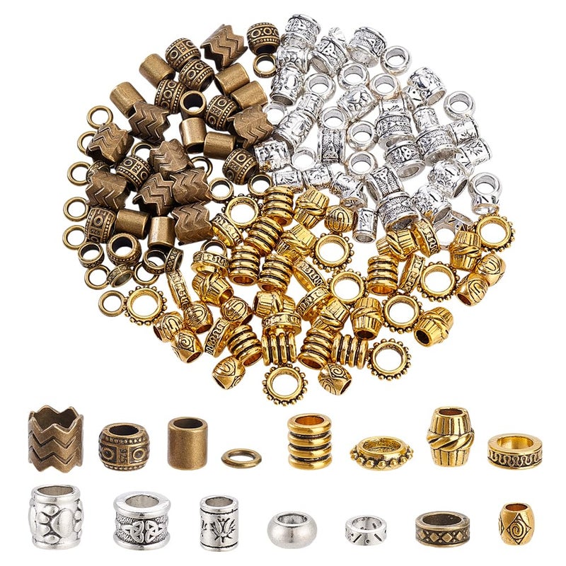 NBEADS 150 Pcs 15 Styles African & Tibetan Style Alloy Dreadlock & Beard Beads - Big Hair Beads for Men & Women Hair Braids & Decoration, Silver/Golden/Bronze, Hole 5-9mm - Image 1